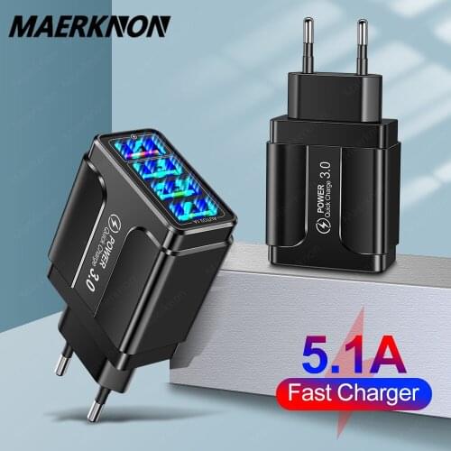 4 Ports USB Charger Quick Charge 3.0 4.0 For iPhone 12 11 Huawei Samsung S9 Xiaomi Mobile Phone 5.1A 4 Ports Fast Wall Charger
