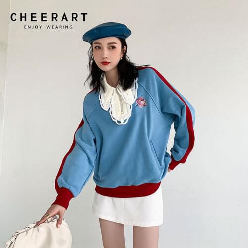 CHEERART Embroidered Oversized Sweatshirt Crochet Blue Collar Hoodie For Teen Girls Patchwork Loose Pullover Sweatshirt Women