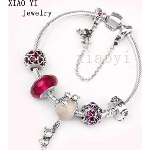 XIAOYI 2020 New 100% S925 Red and white mouse love clip safety chain personality charm high quality bracelet birthday gift