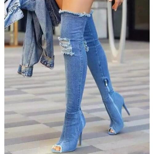 Denim Cut-outs Lady Stiletto Over The Knee Long Boots Jeans Rome Style Motorcycle Boots High Heels Open Toe Runway Fashion Shoes