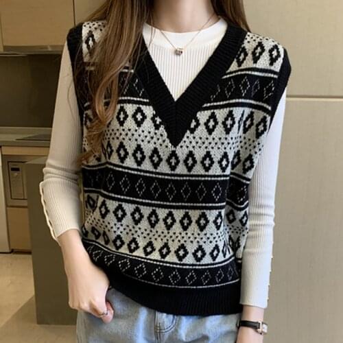Preppy Style Knit Vest Women Argyle knitwear Sweater Vests Sleeveless Plaid Waistcoat Autumn Short Outwear Chalecos Para Mujer