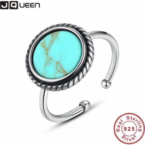 JQUEEN Thai Silver Open Rings Fashion Korean Vintage Resizable Blue Stone Women Rings 925 Sterling Silver Round Adjustable Rings