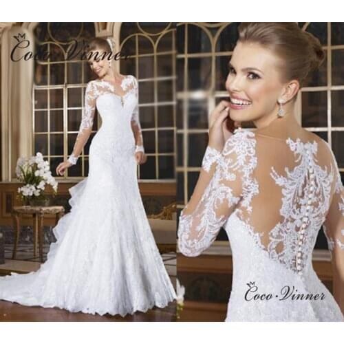 Sheer Neck Illusion Vestidos De Novia 2021 Lace Appliques Long Sleeve Mermaid Wedding Dress Brazil Mariage Wedding Gowns W0004