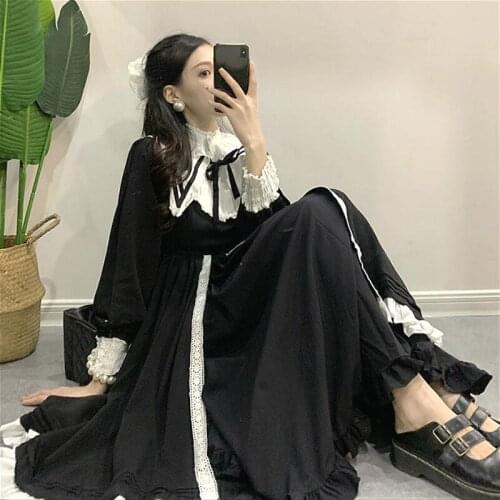 Black Vintage Dress Women French Elegant Gothic Lolita Y2K Female Lace Long Sleeve Stand Evening Party Dress Korea 2021 Autumn