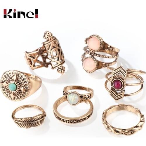 Kinel New Arrivals 8Pcs/Sets Opal Midi Ring For Women Antique Gold Beach Finger Knuckle Rings Vintage Jewelry Mixed Size