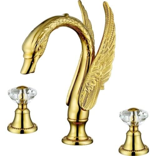 GOLD PVD SWAN TUB FAUCET 3 Pc Tub Set Match Our Sink swan SETS widespread 3 Holes crystal handles bathtub faucet