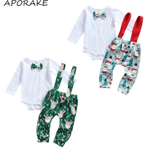 2021 0-18M Xmas Baby Boy Clothing Set Bow-tie White Long Sleeve Romper+Cartoon Santas/Elk Print Suspender Pants Gentleman 2pcs