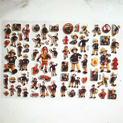 6 Sheets Cartoon Fireman Sam stickers for kids on laptop 3D fire guard firefighter Jupiter fire truck bubble sticker doodle