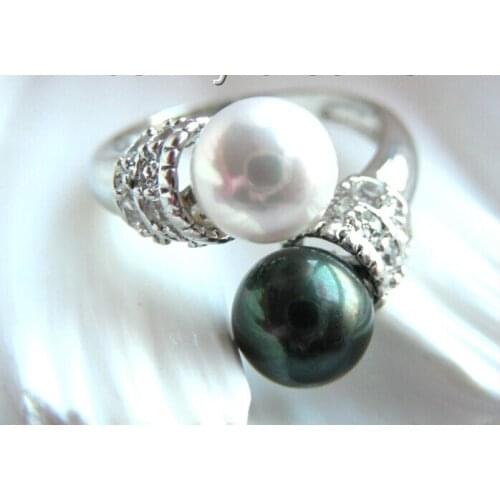 FREE shipping> >>>Genuine Twins 8mm white black south seashell pearls rings b555