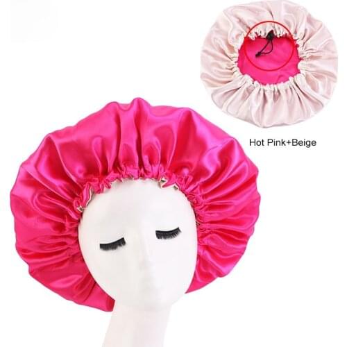 Large Reversible Satin Bonnet Double Layer Adjustable Size Sleep Night Cap Head Cover Bonnet Hat for Curly Springy Hair Black