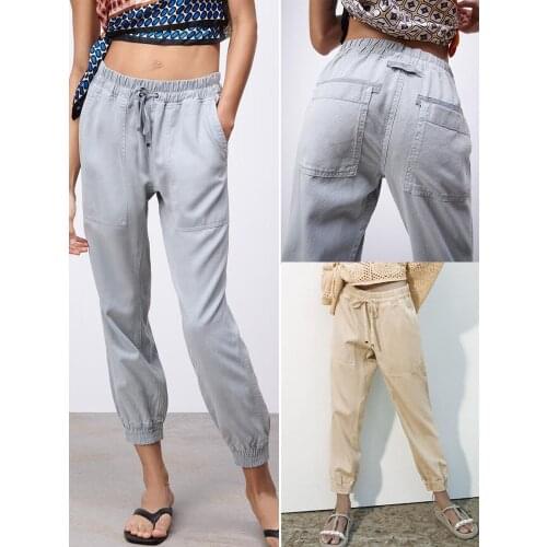 ZA trousers 2021 fall new style womens all-match casual elastic waist adjustable tie weekend jogging pants