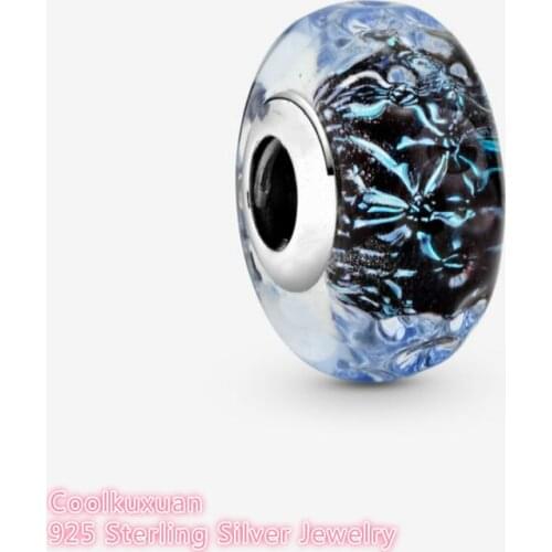 Summer 100% 925 Sterling Silver Wavy Dark Blue Murano Glass Ocean Charm beads Fits Original Pandora bracelets Jewelry