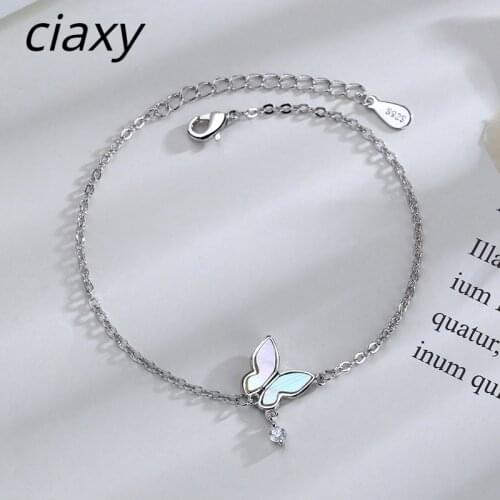CIAXY 925 Sterling Silver Inlaid Zircon Butterfly Bracelets for Women Girlfriends Shell Charm Bracelet Korean Chain Jewelry
