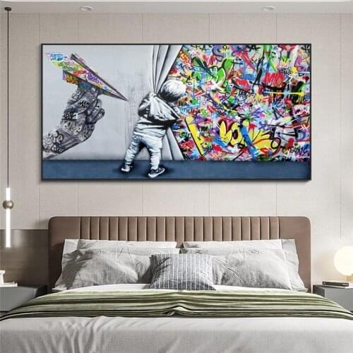 Kids Behind The Curtain Graffiti Paintings on The Wall Pop Street Art Canvas Posters and Prints for Living Room Cuadros Decor