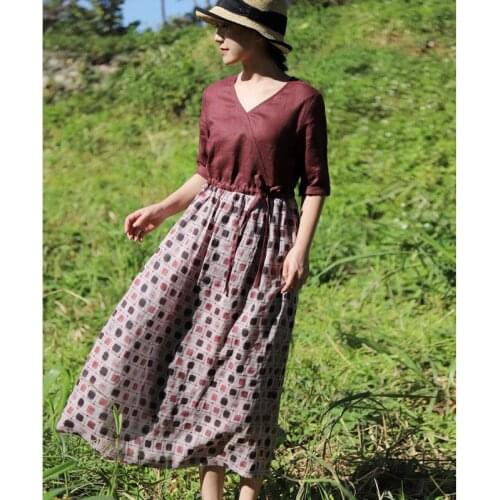 Literature and art cotton womens new summer ramie dress womens splicing waist swing skirt ny343