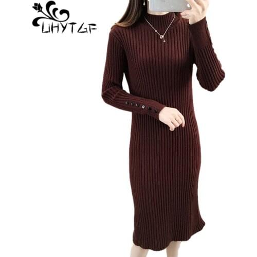 UHYTGF Elegant Women Autumn Winter Sweaters Half Turtleneck Pullover Knitted Bottoming Skirt Mid-Length Casual Warm Dress 1922