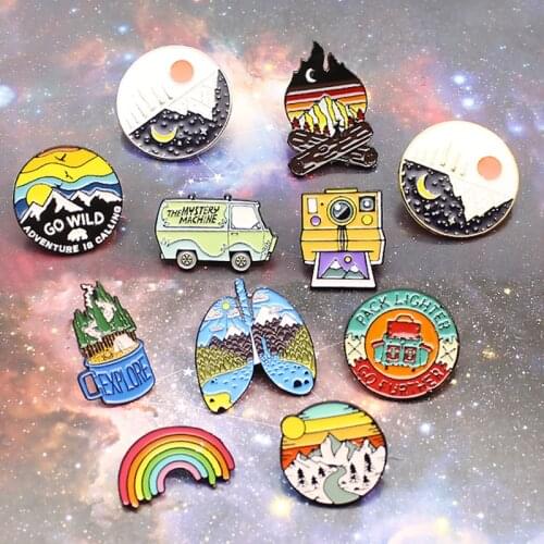 Outdoors Adventure Enamel Pins Mountain Starry Night Rainbow Wild Brooches Bus Mountain Camping Firewood Explore Nature Badges