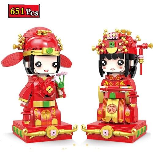 Chinese Style Life Creative Series Bride And Groom Action Figures Desktop Ornaments MOC Building Blocks Bricks Toys Gifts
