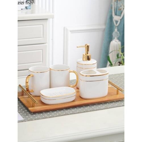 Golden Edge Banding Bathroom Set Portable Soap Dispenser Mouthwash Cup Toothbrush Holder Storage Tray Ceramic Bath Supplies