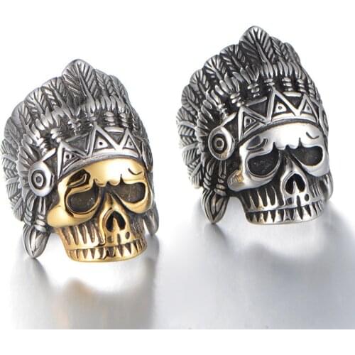 Megin D Stainless Steel Titanium Retro Indian Chief Skull Punk Rings for Men Women Couple Friends Gift Fashion Jewelry Bague Boh