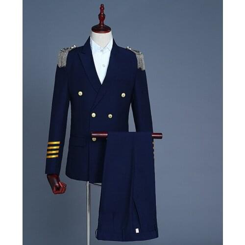 Navy Captain Officer Sailor Peacoat Costume Mens Blazer Suit Military Fringe Marching Band Jacket Uniform For Adult Coat+Pants