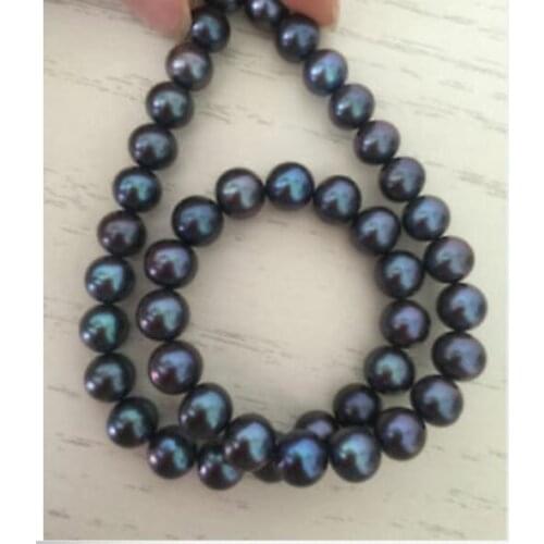 BEAUTIFUL AAA 9-10MM ROUND TAHITIAN BLACK PEARL NECKLACE 18" 36" Yellow clasp