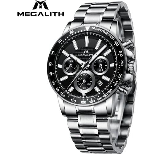 MEGALITH Sport Waterproof Watch Steel Strap Chronograph Date Mess Watch Top Brand Luxury Clock Business Casual Quartz Watch Men