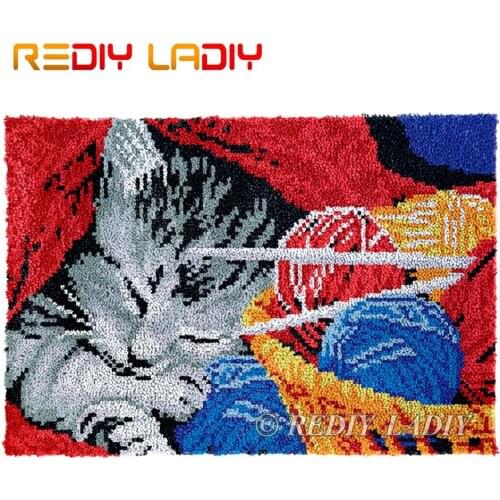 Latch Hook Kits Sleeping Kitten Chunky Yarn Embroidery Crocheting Tapestry Kits Needlework Arts & Crafts DIY Carpet Rug 85*57cm