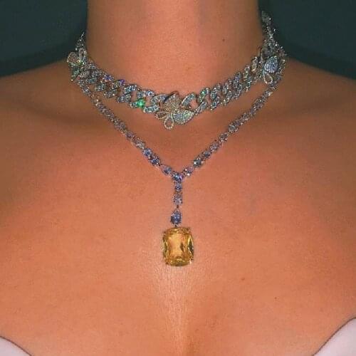 2020 New Iced Out Bling Pink Pinky Butterfly Choker Women Jewelry 12mm Cubann Link Chain Butterfly Necklace