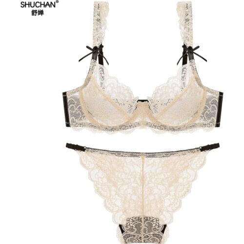 SHUCHAN New Plus Size Women Sexy Bra Set Intimates Embroidery Lingerie Thin Temptation And Panty With Garters Sets Thin 13068