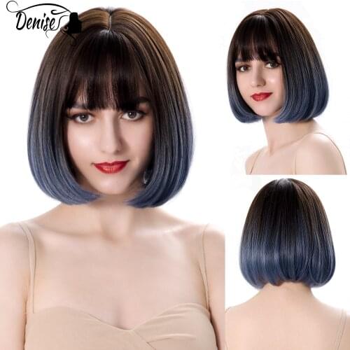 Straight Short Black To Blue Ombre Daily Synthetic Wigs For Women With Bangs Nutural Heat Resistant Fiber Cosplay Hair Bob Wig