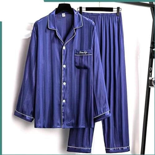 Mens Rayon Stripe Pajamas Set Casual Sleepwear Pajama Set Top Full Sleeve Shirt Pant Big 2Piece/Suit Men Fashion Homewear