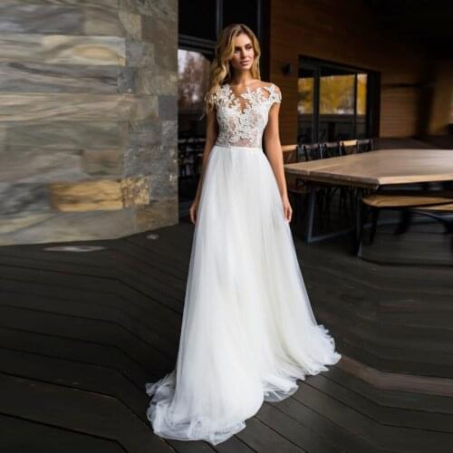 2020 Simple O-neck Top Lace Wedding Dresses With Cap Sleeves Sweep Train Tulle Bridal Gowns vestido de noiva