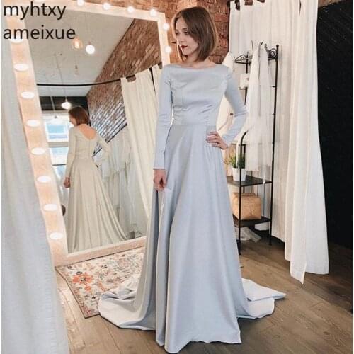 Custom Simple A-line Plus Size Prom Dresses With Long Sleeves Scoop Neck Silver Formal Party Gowns 2020 New Longo Festa Gala