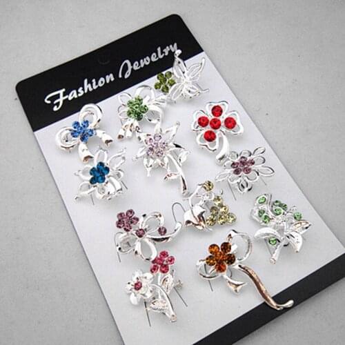 Multicolor Crystals 12PCS Mixed Designs Flower Small Pin Brooch Wedding Card Accessories Pretty Silver Brooch