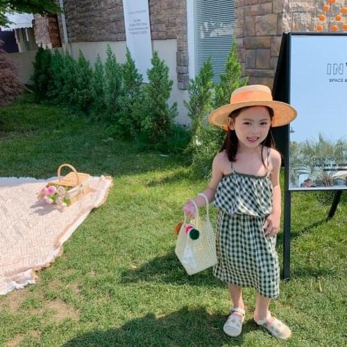 Plaid Suspender Top + Long dress Clothing Suit for Girls Summer Korean Holiday Style 2 Pieces Sets for Girls 4-10y Sundress