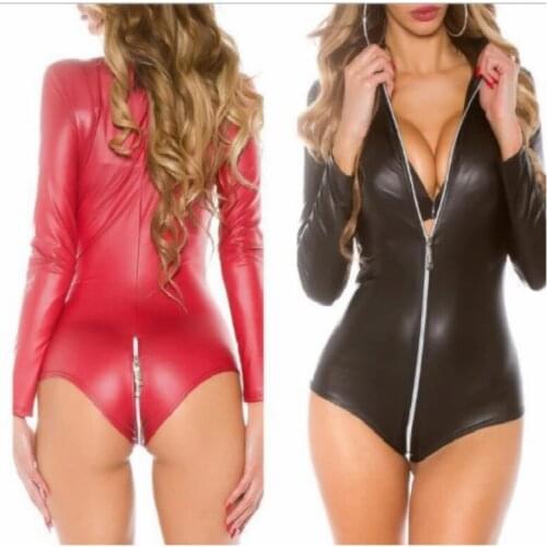 Sexy Faux Leather Female Bodysuit Open Crotch Zipper Women Erotic Latex Catsuit Bodycon Skirt Motocross Clothing Leotard