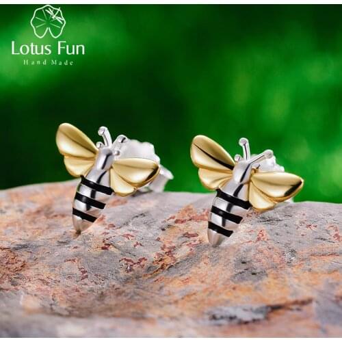 Lotus Fun Real 925 Sterling Silver Earrings Designer Fine Jewelry Lovely 18K Gold Honey Bee Stud Earrings for Women Gift Brincos