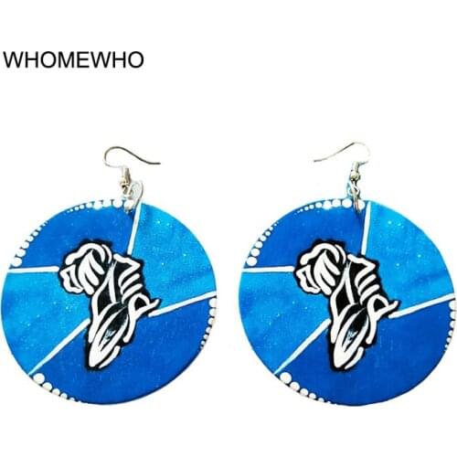WHOMEWHO Tribal Wood Blue Paintinig Africa Map Continent Shape Fist Vintage Earrings Wooden African Bohemia Afro Ear Jewelry