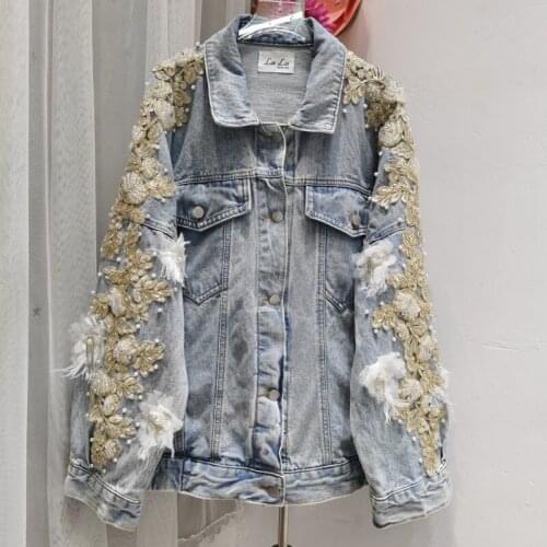 Women Spying Embroidered Studded Fashion Denim Jacket Women Loose Ripped Long Sleeve Denim Jacket Y729