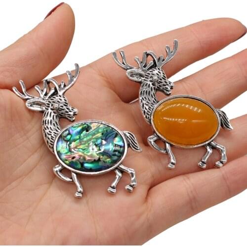 Natural Stone Brooch Metal Alloy Deer shape Exquisite charms Scarf Pins For jewelry making DIY Sweater accessories 50x53mm