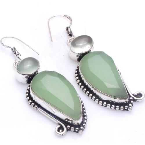 Genuine Chalcedony Silver Overlay on Copper Earrings ,Hand made Women Jewelry Gift , 57 mm, E5788