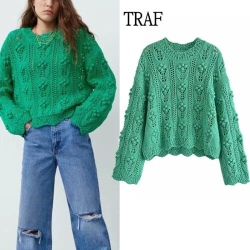 TRAF Za Green Sweater Women 2021 Autumn Vintage Pullover Loose Long Sleeve Oversized Sweaters Streetwear Women Knitted Sweater