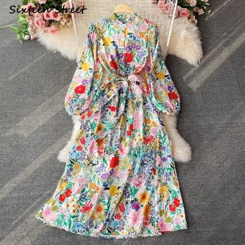 Maxi Dresses for Women Autumn Fashion Print Stand Neck Puff Sleeves Long Sleeve Dress Sexy Vestido De Mujer Y2k Clothing Women