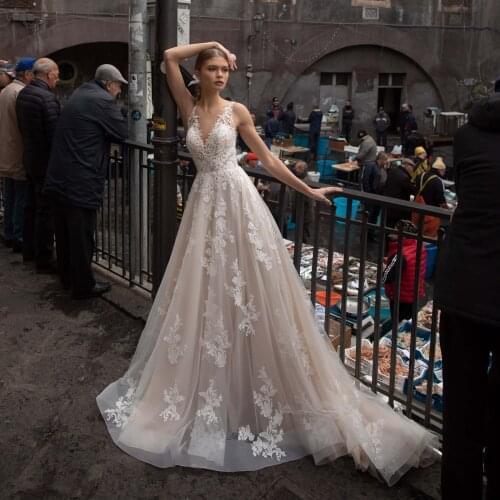 Thinyfull 2020 New Arrival Wedding Dresses A Line Spaghetti Strps Sleeveless Bride Dresses Tulle Lace Appliques Vestido De Novia