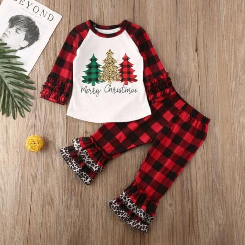 US Kid Baby Girl 6M-5T Clothes Merry Christmas Ruffle Tops T-shirt+Plaids Pants Outfit