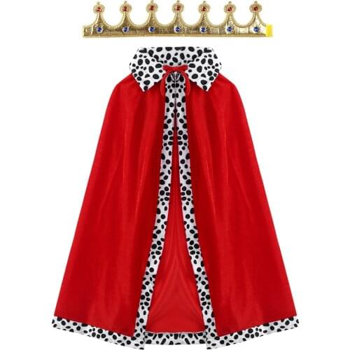 Kids Children Halloween King Costumes Outfit Red Velvet Cloak Cape with Crown Outfit Set Child Cosplay Carnival Party Dress Up