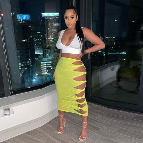 DSMTRC Sexy Solid Color Long Skirt Women Clothing Nightclub Side Knot Hollow Out Hight Waist Bodycon Maxi Skirts