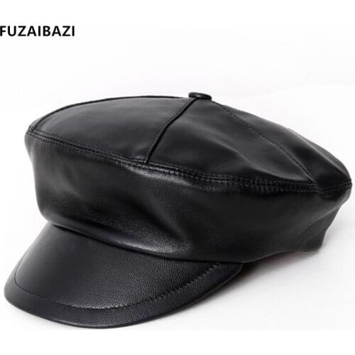 FUZAIBAZI Autumn Winter New Sheepskin Military Hats For Mens Womens Elegant Snapback Genuine Leather Hat Fashion Flat Cap