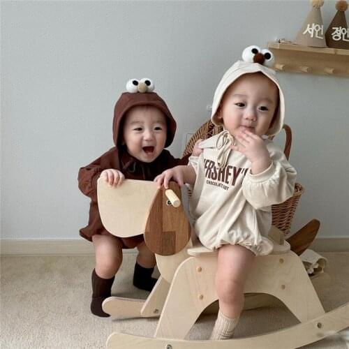 Korean style 2021 baby letter long sleeve bodysuit cute newborn boys girls cotton cute one piece clothes with hat